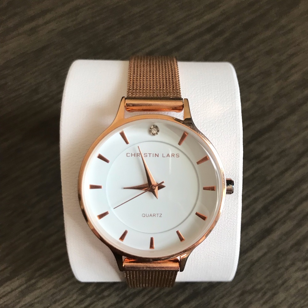 Christin Lars Womens slimline stainless steel mesh strap watch in rose gold